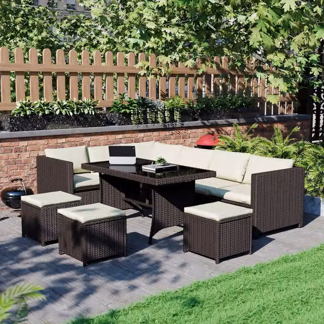 Vida Designs Belgrave 9 Seater Modern Rattan Dining Set in Brown with Glass Tabletop