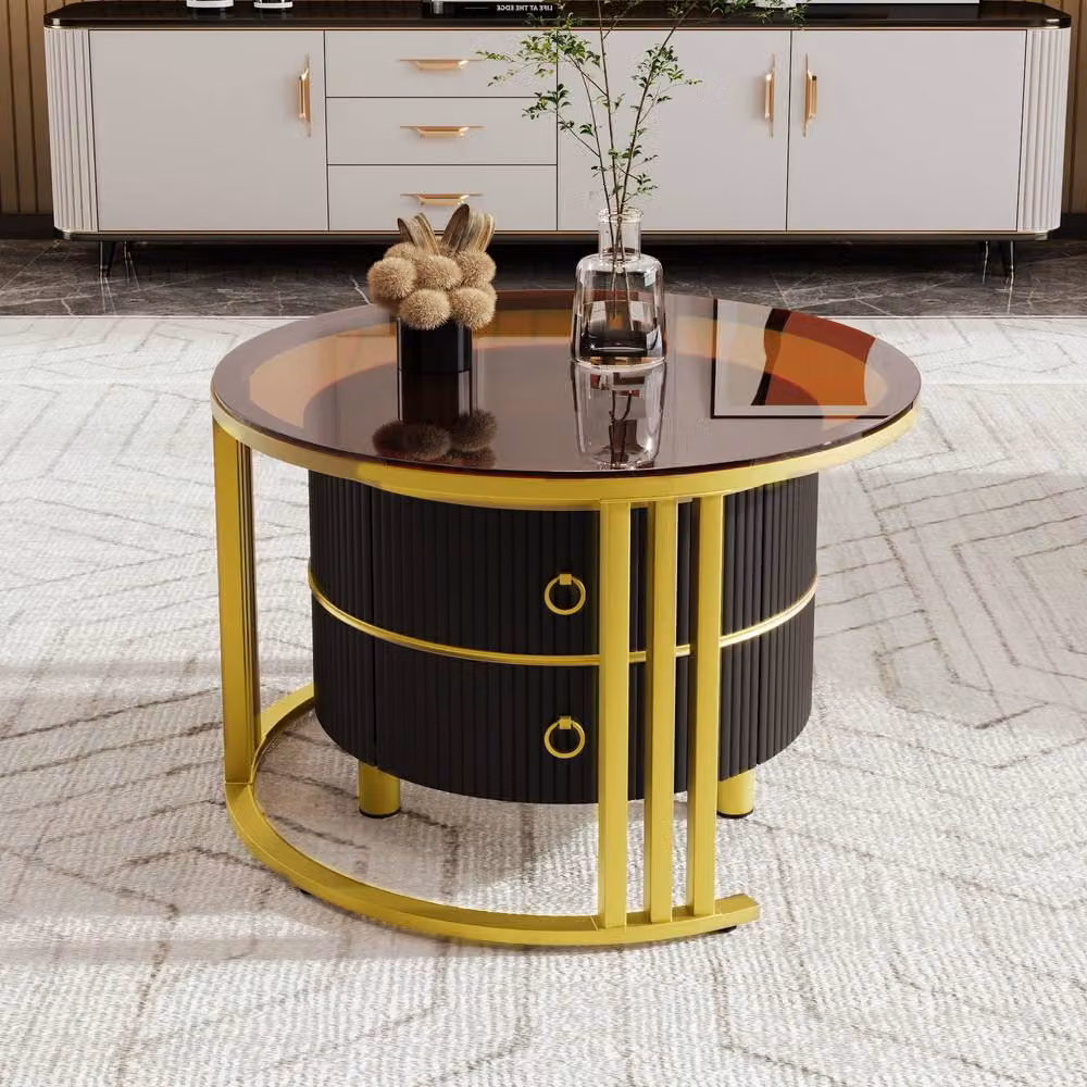 STILVORA 2 Piece Round Coffee Table Set with 2 Drawers in Brown and Black – 4