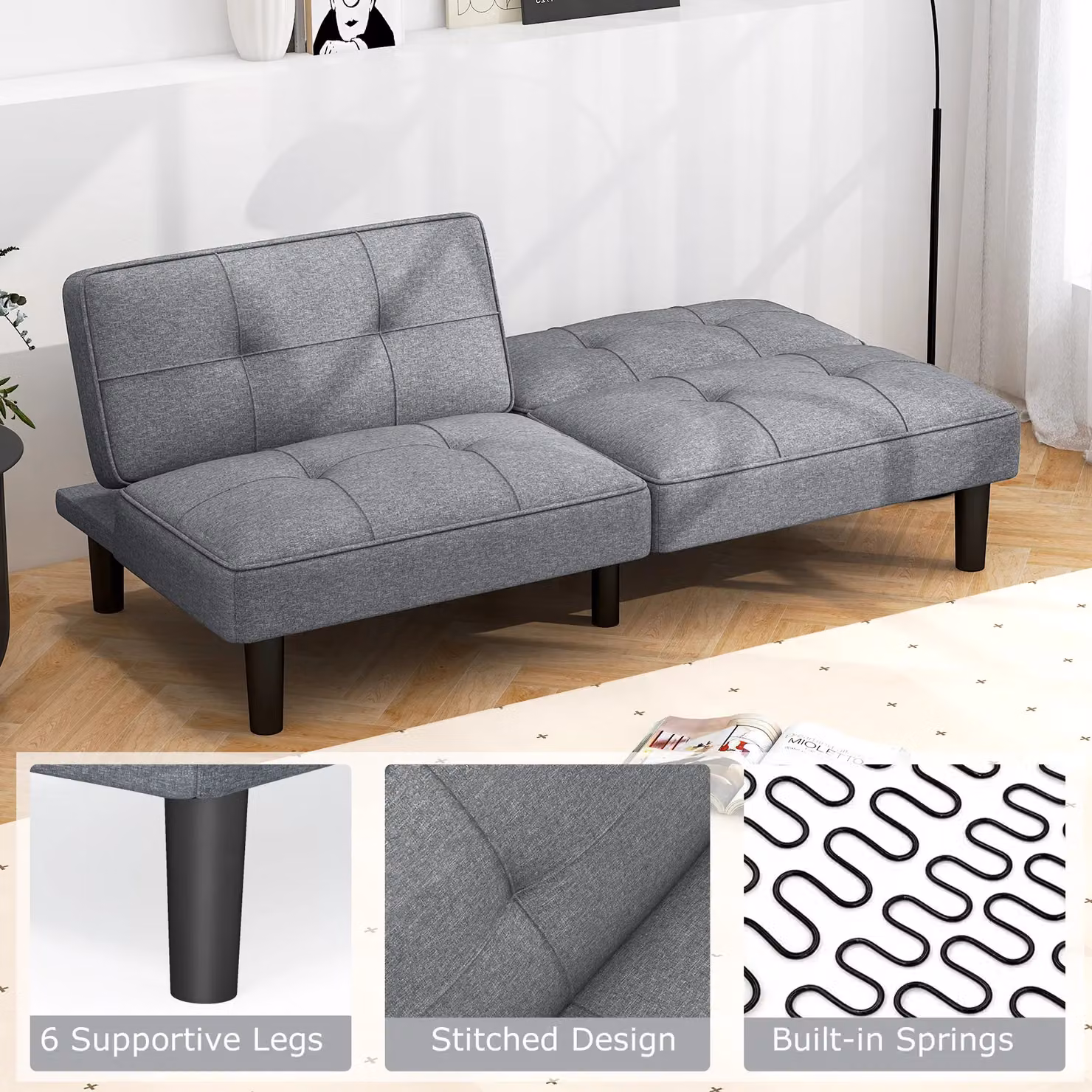 Gymax Modern Grey Linen Fabric Upholstered Convertible Futon Sofa Bed with Solid Wood Frame – 6