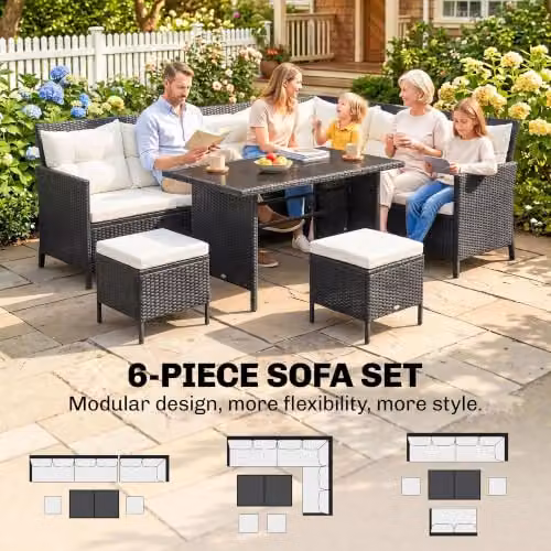 Outsunny 6 Piece L-Shape Rattan Garden Furniture Set with Ottoman and Coffee Table, Black and Grey – 3