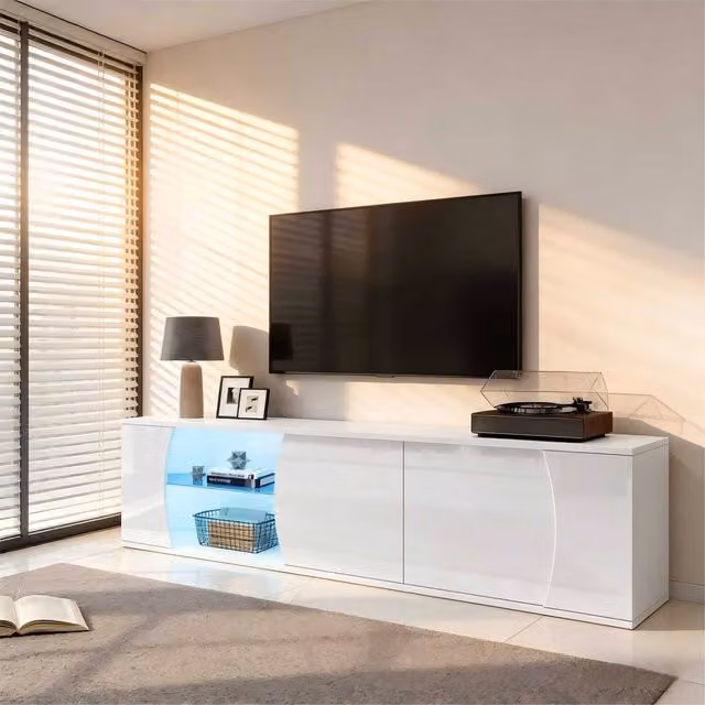 STILVORA White Glossy Modern TV Stand with LED for up to 80 Inch TVs