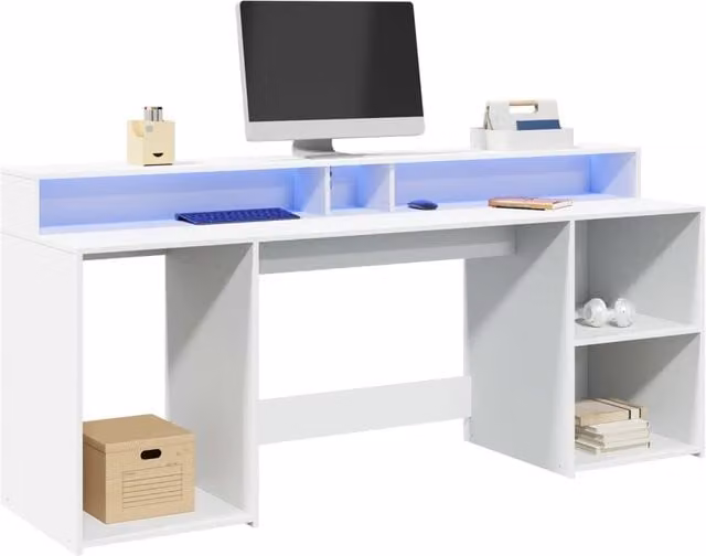 Berkfield Home White Gaming Desk with LED Lights, W/D/H: 200 x 55 x 91 cm – 1