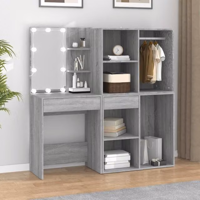 Berkfield Home Hollywood LED Dressing Table with Cabinets in Grey Sonoma Matt MDF