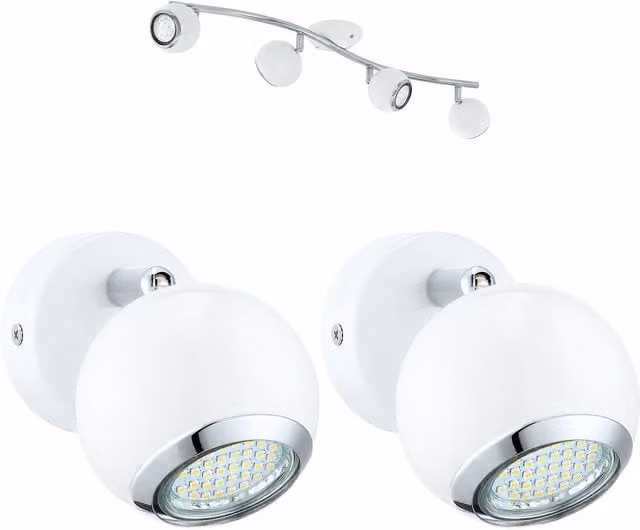 Loops Quad Ceiling Spotlight and 2x Matching Wall Lights with Adjustable Matt White Metal Shades