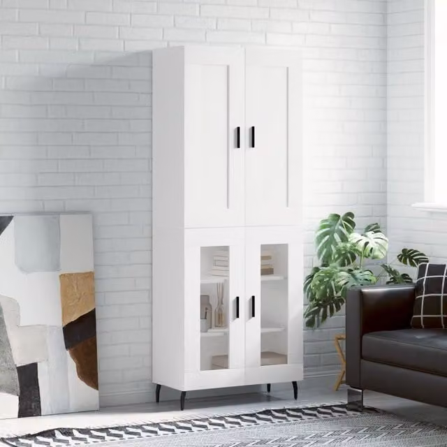Berkfield Home Modern White Highboard with Glass Doors, W/D/H: 69.5 x 34 x 180 cm