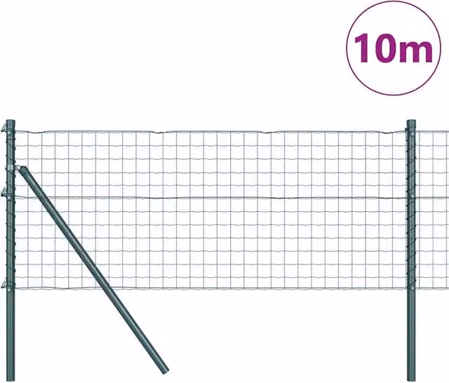 Berkfield Home Green Euro Fence with 7 Round Posts, Galvanised Steel, W: 10 m, H: 0.6 m