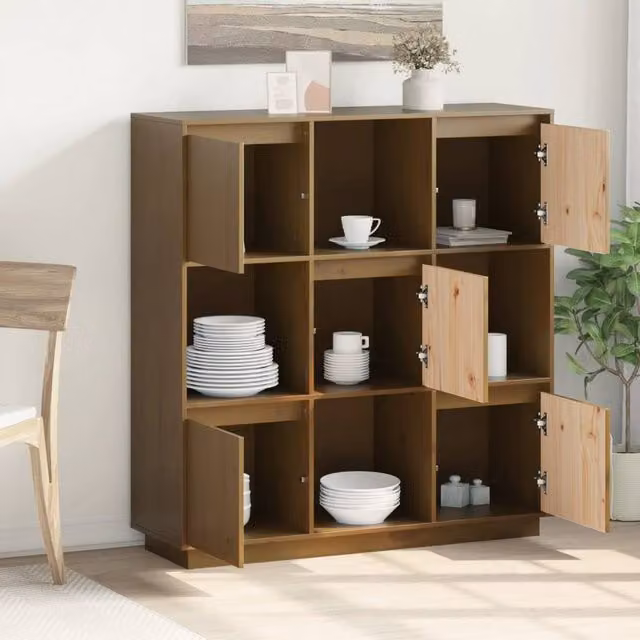 Berkfield Home Highboard in Honey Brown Solid Pine Wood, W: 110.5 cm, D: 35 cm, H: 117 cm – 1