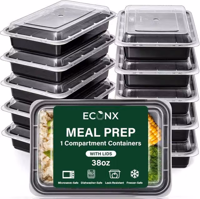 ECONX 50 Pack Black 38oz Single Compartment Meal Prep Bento Lunch Boxes, Leakproof and Microwave Safe Plastic Containers