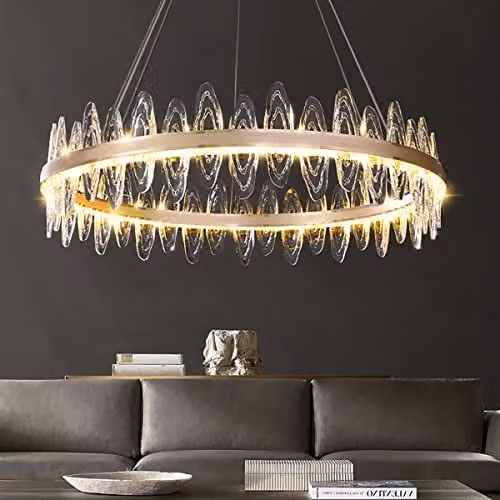 WDW Ring Chandelier in Gold and Transparent Crystal with Dimmable LED and Remote Control