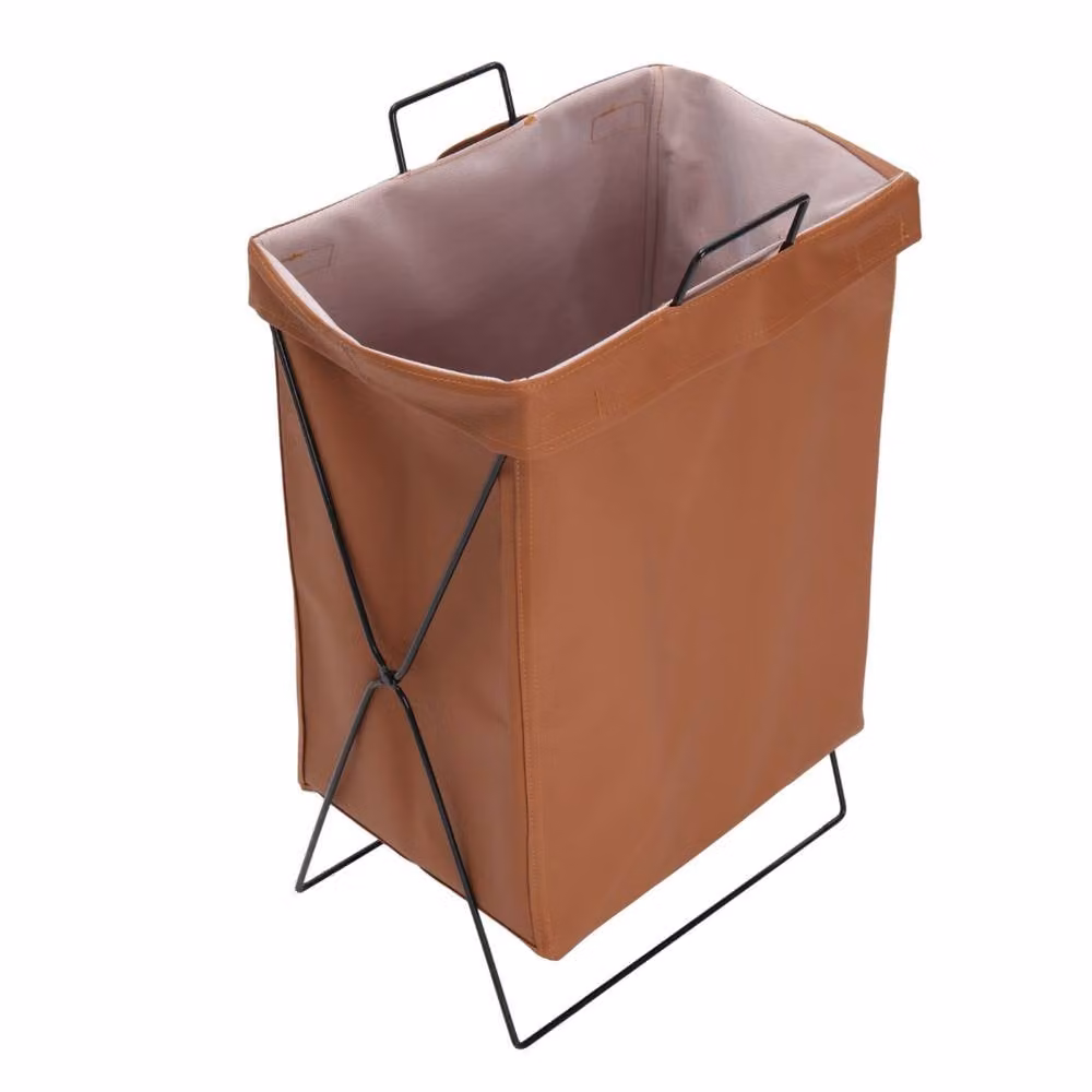 Garden Sanctuary Collapsible PU Leather Laundry Hamper with Metal Frame, Brown – 2