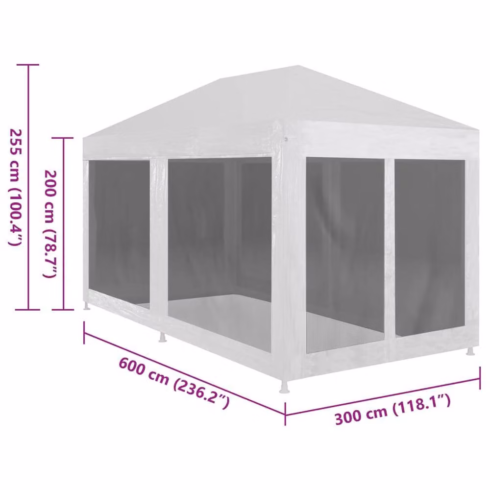 Berkfield Home Party Tent with 6 Mesh Sidewalls, White, W/D/H: 600 x 300 x 255 cm – 2
