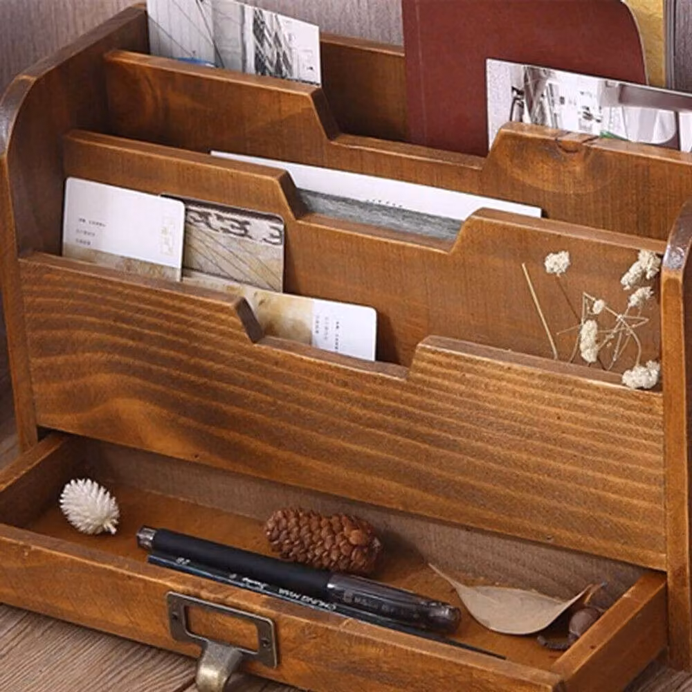 KORVIXA Brown Solid Wood Multi-Compartment Office Desk Organiser – 2
