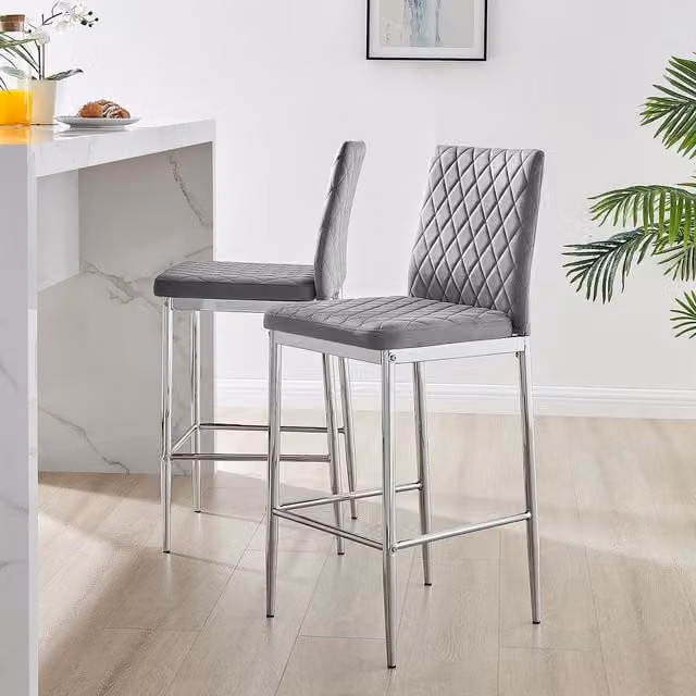 FurnitureboxUK Set of 2 Milan Soft Touch Hatched Velvet Padded Counter Stools with Silver Chrome Metal Legs in Grey