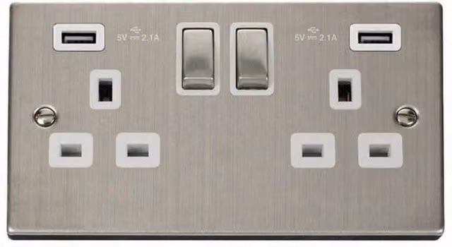 SE HOME Stainless Steel 2 Gang 13A DP Ingot 2 USB Twin Double Switched Surface Plug Socket in White and Silver