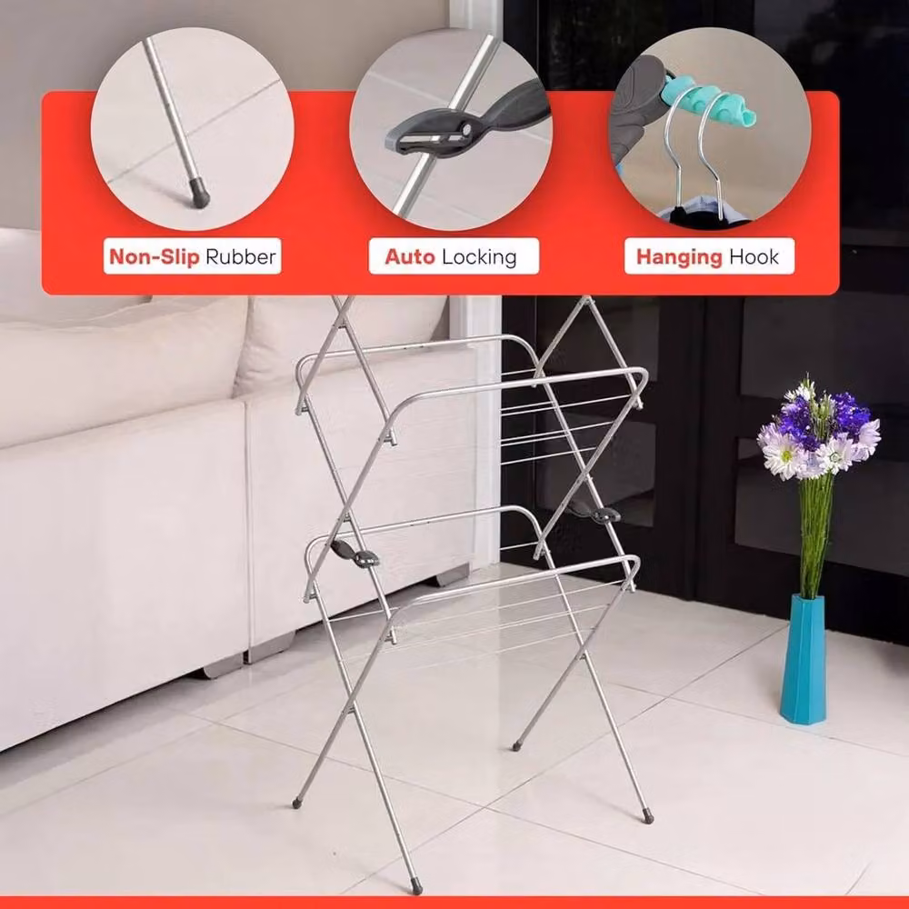 KORVIXA 3 Tier Foldable Clothes Drying Rack in Silver – 3