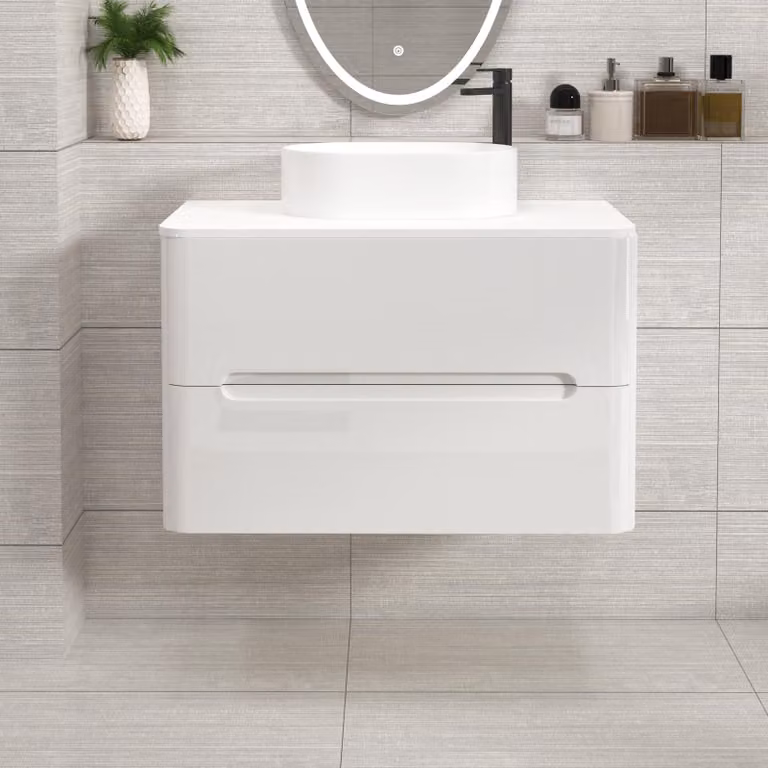 Royal Bathrooms Venice 800mm Gloss White Wall Hung Vanity Unit with 2 Drawers and Peak Basin
