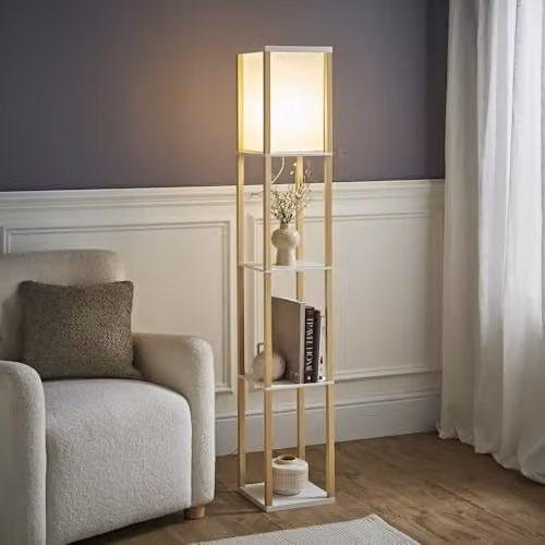 ValueLights Struttura Wooden Floor Lamp with Fabric Shade and LED Bulb in Light Oak – 2