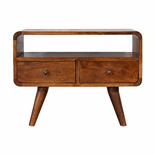 Artisan Furniture Modern Solid Mango Wood Mini Chestnut Curved Media Unit with 2 Drawers, Brown, W/D/H: 60.0 x 30.0 x 45.0 cm – 2