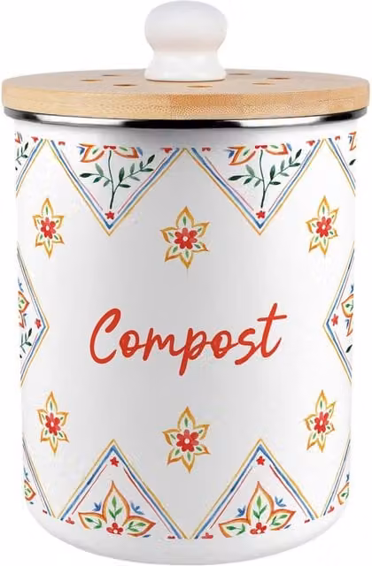 Purely Home Diamond Floral Metal Compost Caddy with Flip Lid, 2L, Red and White