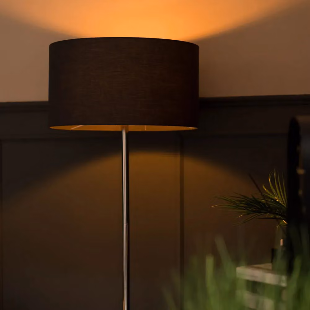 ValueLights Charlie Chrome Floor Lamp with Grey Fabric Cylinder Shade – 3
