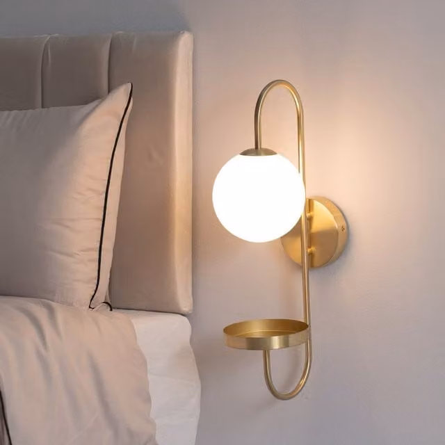 ValueLights Milo Frosted Glass Globe Shade Curved Wall Light with Shelf in Gold/Brass – 1