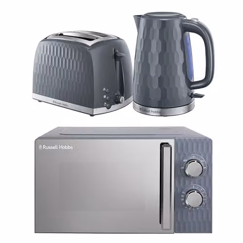 Russell Hobbs Honeycomb Grey Kitchen Set including 1.7L 2400W Kettle, 2 Slice Toaster and 17L 700W Microwave HCBNDL2G – 1