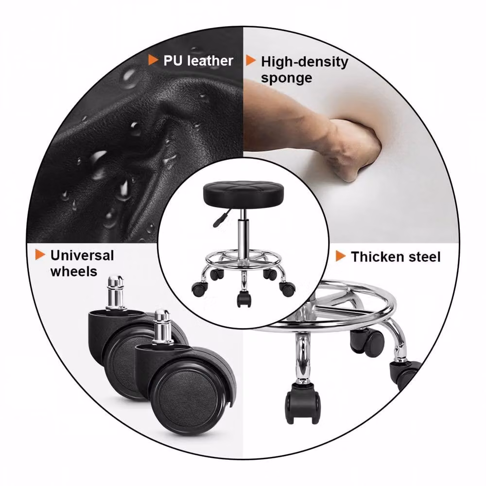 KKTONER Stylish Round Rolling Stool in Black PU Leather with Height Adjustment – 2