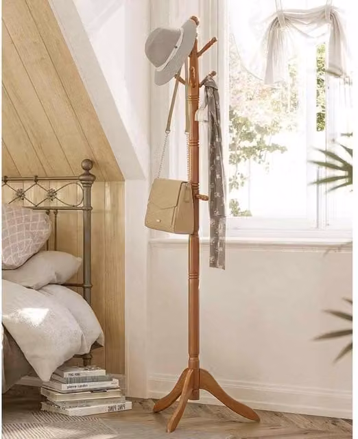 The Bazaarist Wooden Coat Tree with 10 Hooks, Brown and Beige