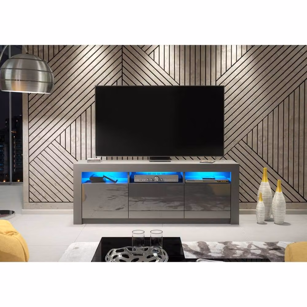 Creative Furniture Shine TV Unit in Grey with Glossy Doors and LED Lights, W: 160 cm, H: 60 cm, D: 35 cm – 2