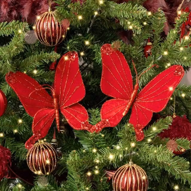 Melody Maison Set of 2 Deep Red Glitter Velvet Butterfly Christmas Tree Hanging Decorations, Height: 22 cm