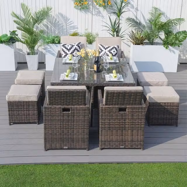 Abrihome 8-Person Brown Aluminum Rattan Dining Set with Glass Table, 4 Chairs and 4 Stools