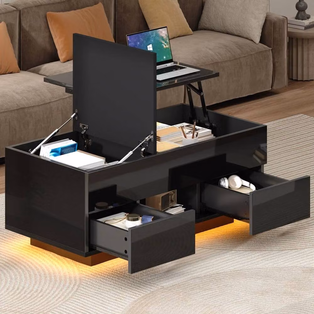 KORVIXA High Gloss LED Lift Top Coffee Table in Black, W: 100 cm, D: 43 cm, H: 50 cm – 5