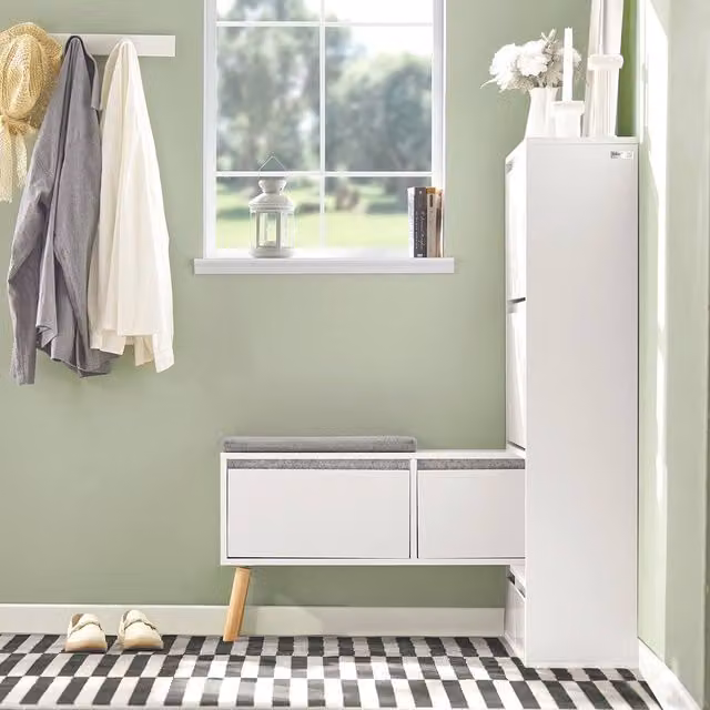 SoBuy Entrance Cabinet with Bench and 2 Doors in White and Grey – 1
