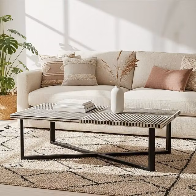 Orsina Modern Geometric Bone Inlay Coffee Table in Black and White, W/D/H: 140 x 65 x 40 cm
