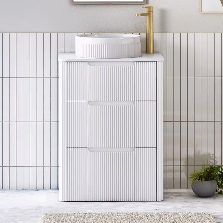 Royal Bathrooms Avenza 600mm Matt White Floor Standing 3 Drawer Vanity Unit with Plain White Worktop and Round Basin
