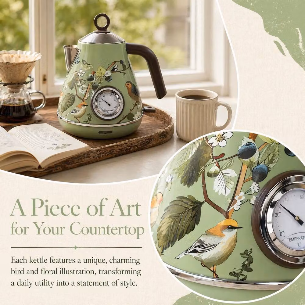 NESTLUNE Retro Bird Print Electric Kettle with Thermometer in Green Stainless Steel, 1000ml – 2