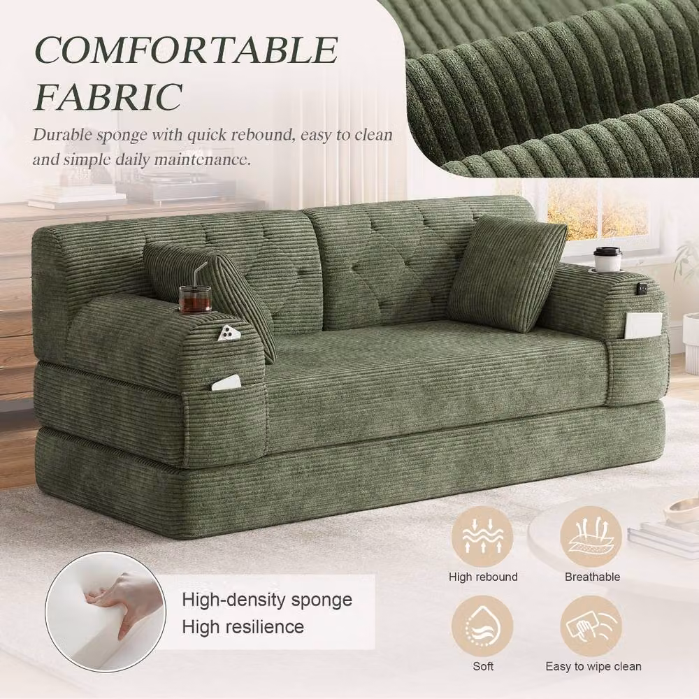 Rolipo Green Corduroy 2-Seater Sleeper Sofa with High Back and Cup Holders – 3