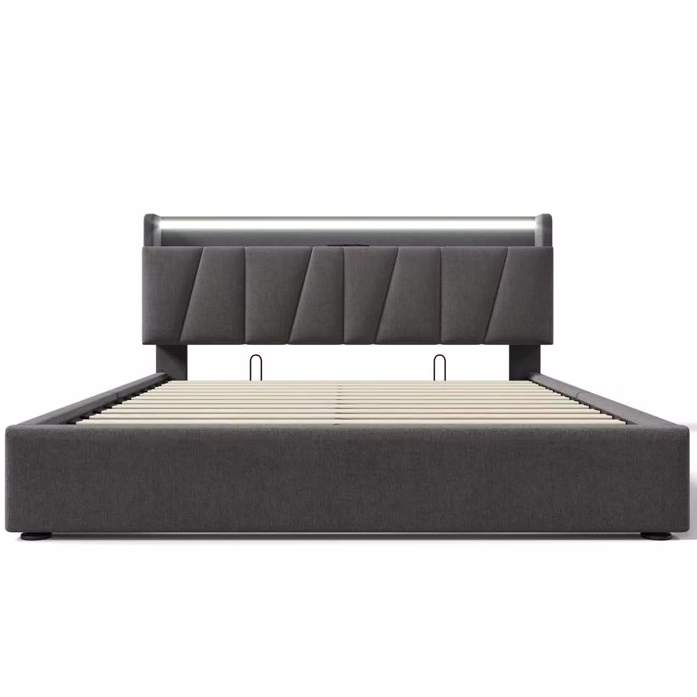 BTM Grey Fabric King Size Bed with USB Charging Port, LED Headboard and Side Storage Compartments, W/D/H: 180 x 200 cm – 8