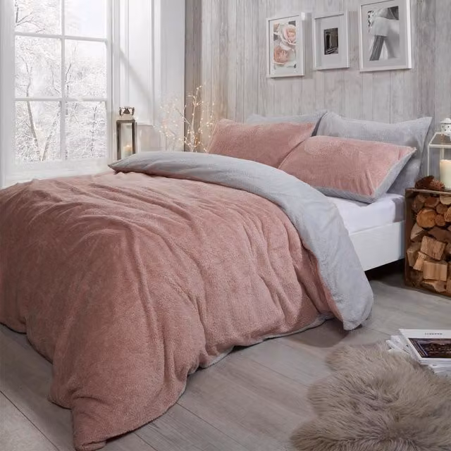 Brentfords Reversible Teddy Fleece Duvet Set and Pillowcase in Pink, W: 140 cm, L: 200 cm