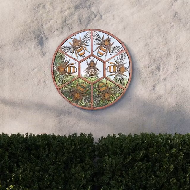 MirrorOutlet Kirkby Metal Circular Bumble Bee Hanging Window Garden Mirror, Multicolour, Diameter: 80 cm