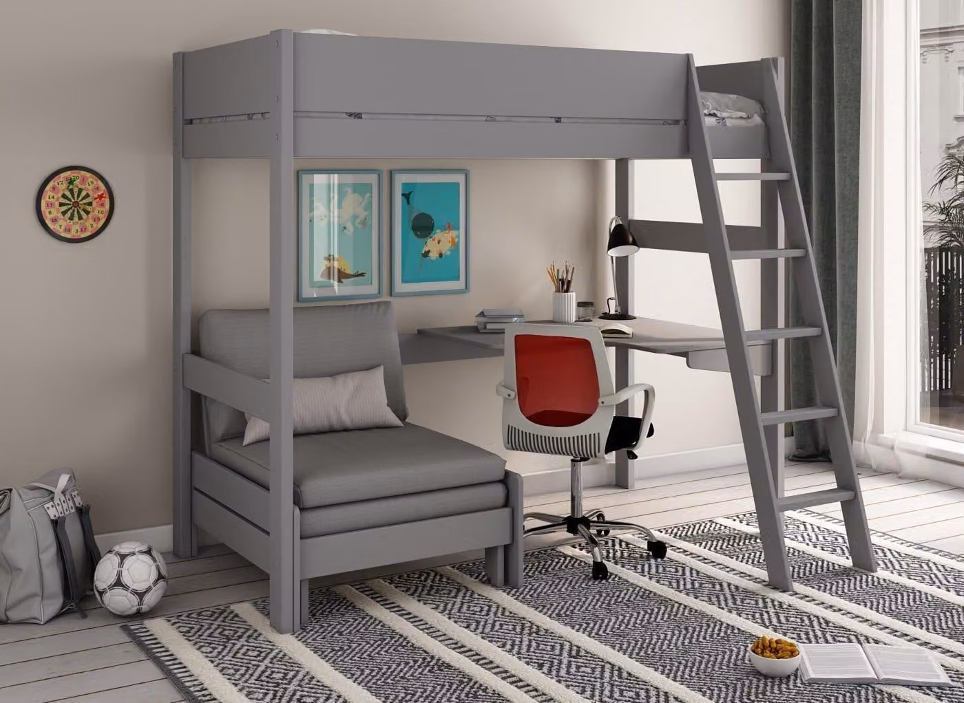 Dreams Anderson Desk High Sleeper with Silver Chair in White and Grey