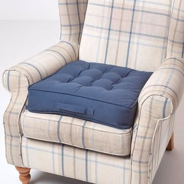 Homescapes Blue Square Armchair Booster Cushion with Cotton Cover for Seniors