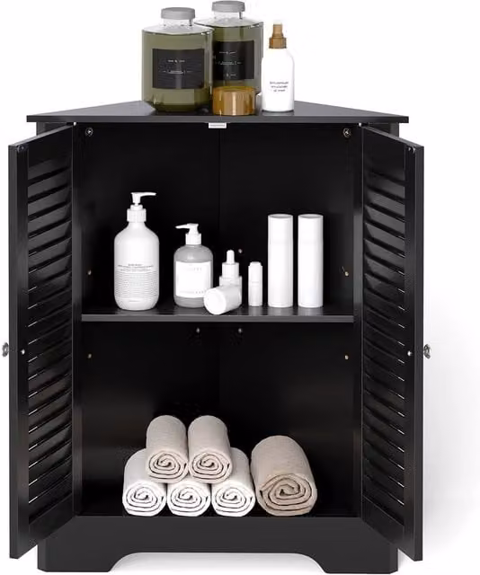Gymax Freestanding Corner Storage Cabinet with Double Roll Shutter Doors in Black