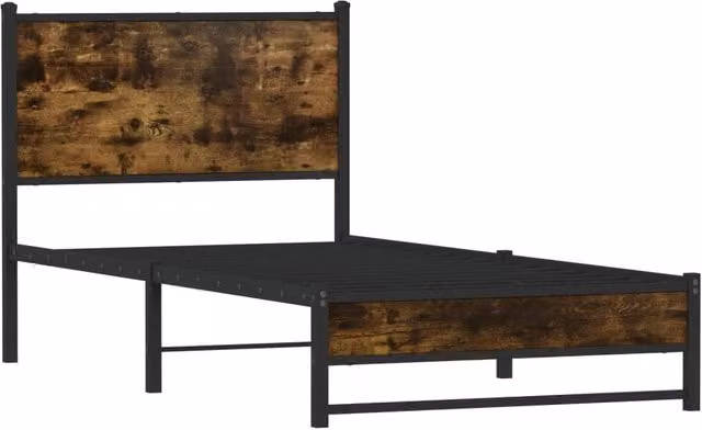 Berkfield Home Metal and Wood Bed Frame in Smoked Oak Brown, Small Single, W/D/H: 80 x 190 cm – 1