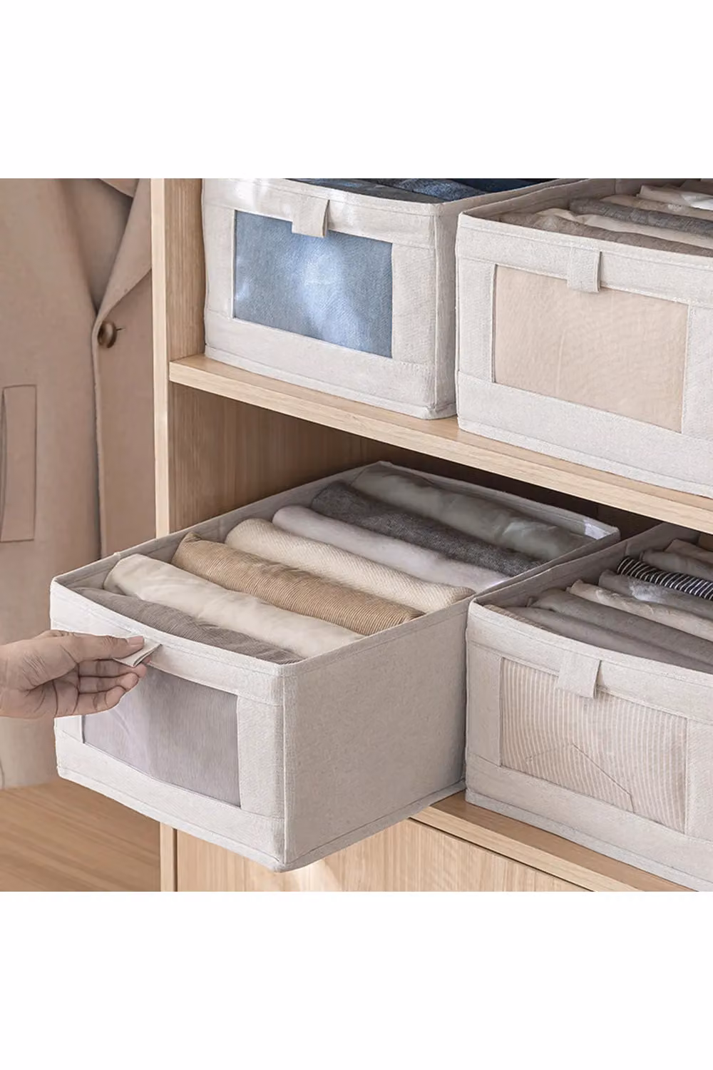 Livingandhome Foldable Fabric Clothes and Jeans Storage Box Organizer in Beige, W: 30 cm, D: 40 cm, H: 20.5 cm – 3