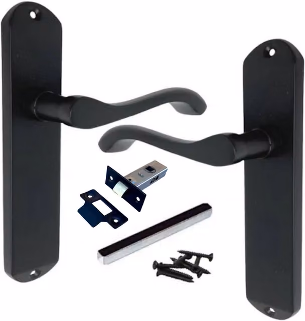 Cadenza Victorian Scroll Lever Door Handle Set with Tubular Latch in Matt Black Zinc Alloy
