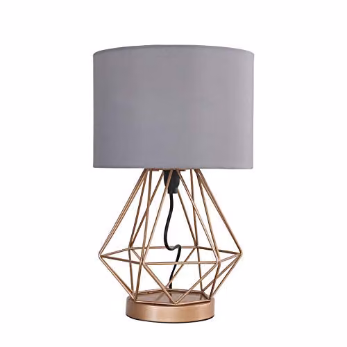 MiniSun Modern Copper Metal Basket Touch Table Lamp with Grey Fabric Shade – 1