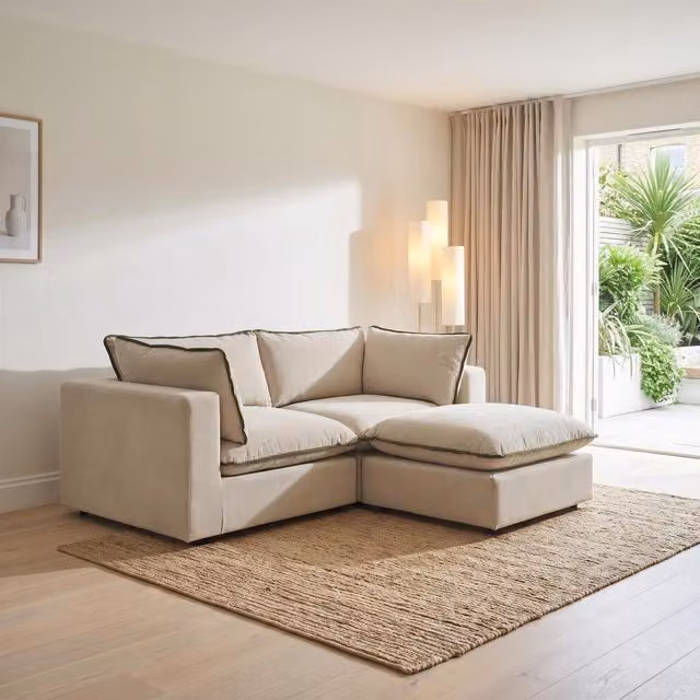 Furniturebox UK Echo L-Shape 2 Seater Modular Chaise Sofa with Matching Ottoman in Beige and Green Fabric