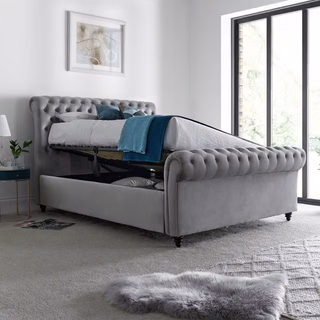 Bedmaster Osborne Grey Velvet Chesterfield Ottoman Bed W/D/H: 140 x 200 cm