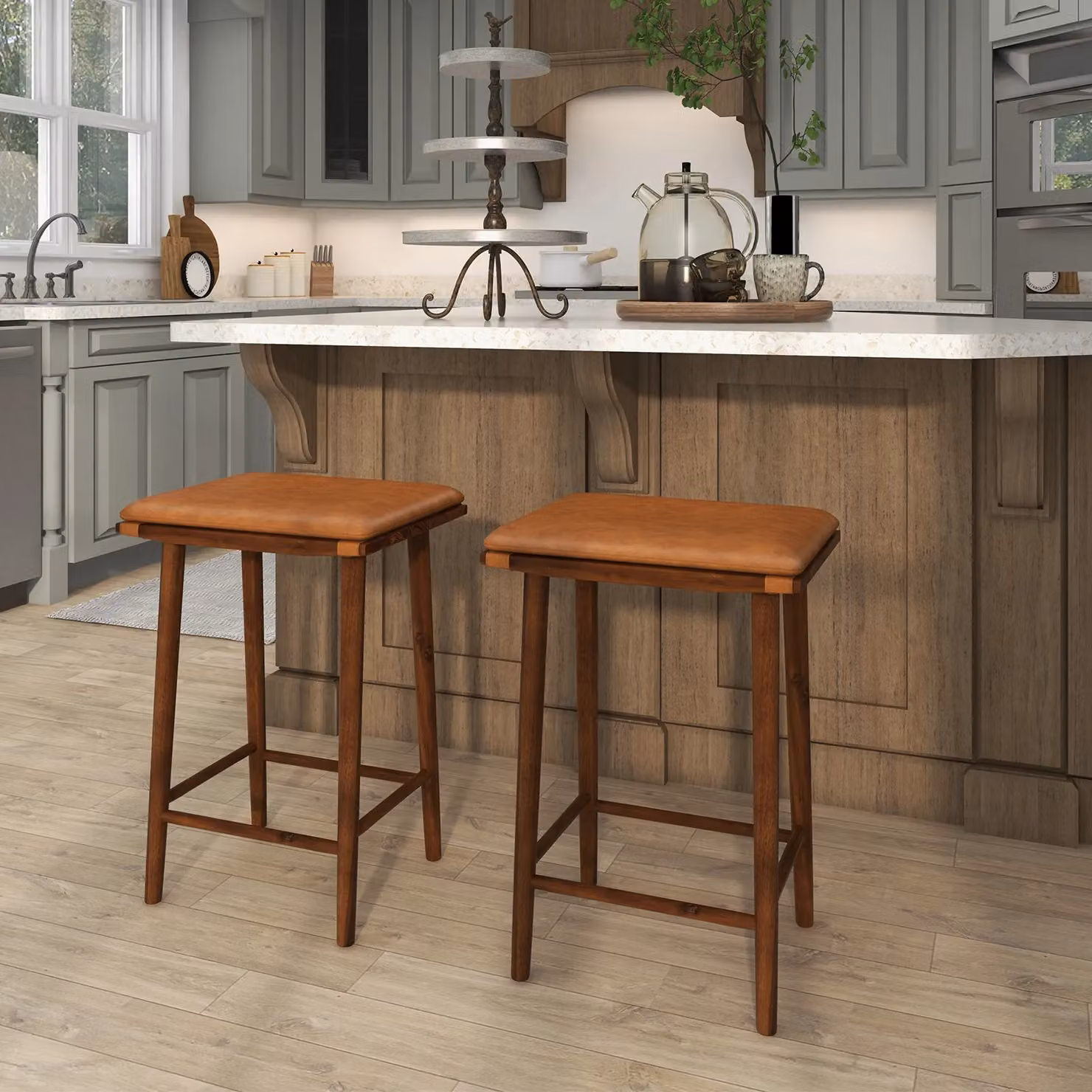 Costway Set of 2 Brown Counter Height Bar Stools with Saddle Seats and Solid Wood Legs – 3